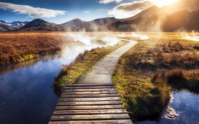 Wooden walkway water steam mountains free wallpaper for desktop - medium preview image