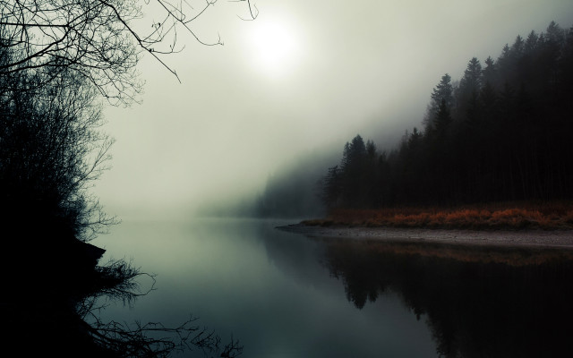 Foggy lake trees boat moon free wallpaper for desktop - medium preview image