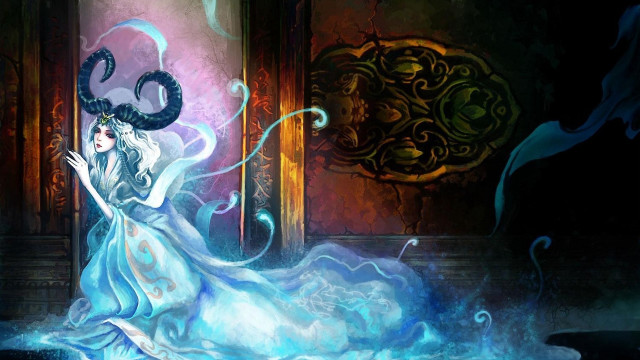 Woman blue dress horns doorway free wallpaper for desktop - medium preview image