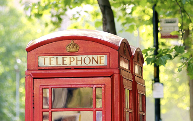 Red telephone booth park tree free wallpaper for desktop - medium preview image