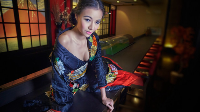 Woman blue dress bowling alley free wallpaper for desktop - medium preview image