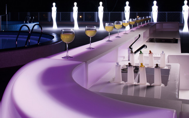 Wine glasses counter bottles surrealist free wallpaper for desktop - medium preview image