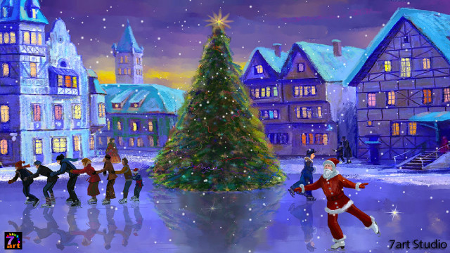 People skating christmas tree town free wallpaper for desktop - medium preview image