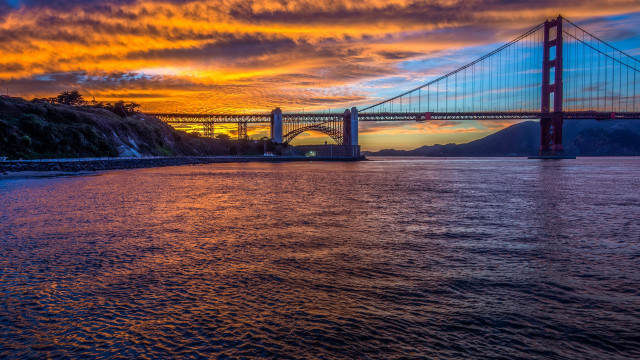 Sunset bridge water mountains city free wallpaper for desktop - medium preview image