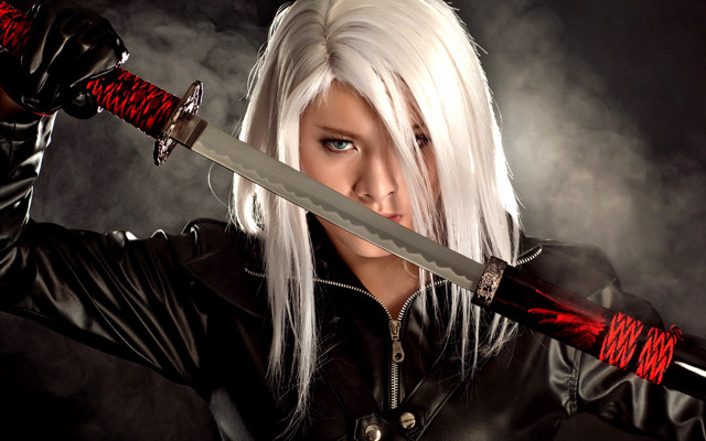 White hair woman sword cosplay free wallpaper for desktop - medium preview image