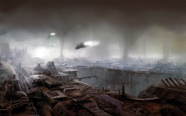 Futuristic city smoke fog flying free wallpaper for desktop - medium preview image