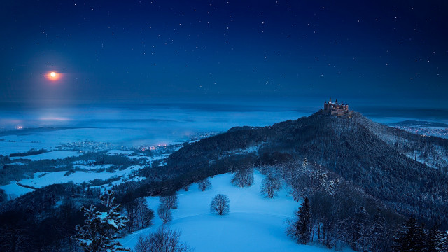Castle mountain night fullmoon snowy free wallpaper for desktop - medium preview image