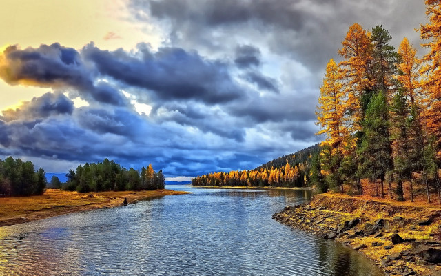 River trees cloudy sky landscape free wallpaper for desktop - medium preview image