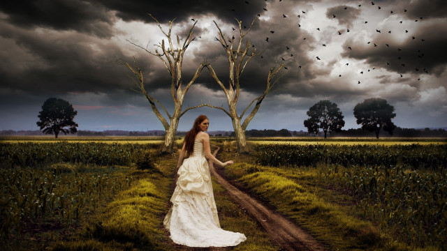Woman white dress dirt road free wallpaper for desktop - medium preview image