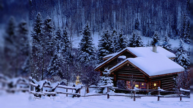 Cabin woods snow candlelight night free wallpaper for desktop - medium preview image