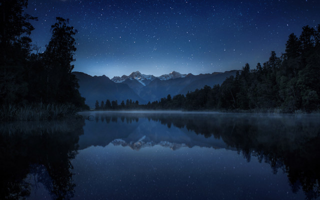 Lake mountain night starry moon free wallpaper for desktop - medium preview image