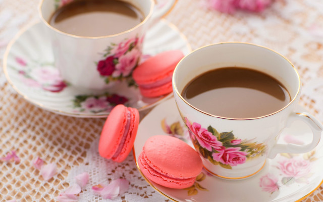 Coffee cups macarons flower roses free wallpaper for desktop - medium preview image