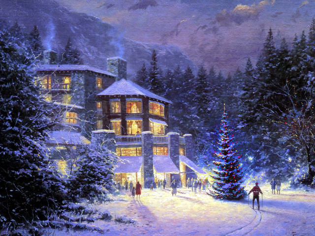 Snowy scene christmas tree people free wallpaper for desktop - medium preview image