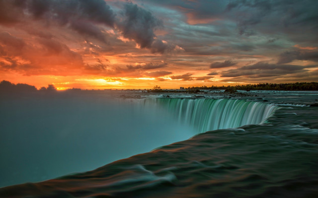 Waterfall sunset clouds lake cityscape free wallpaper for desktop - medium preview image