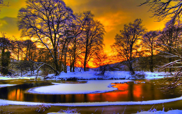 Pond snow trees sunset red free wallpaper for desktop - medium preview image