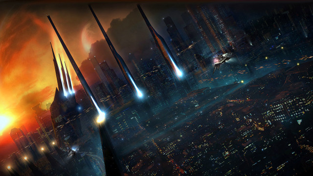 Futuristic city night orange sky free wallpaper for desktop - medium preview image