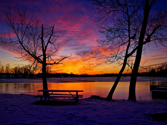 Bench snow lake sunset colorful free wallpaper for desktop - medium preview image