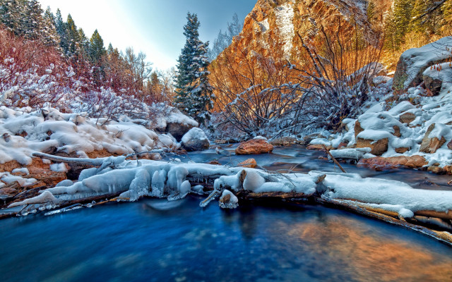 Winter forest stream ice rocks free wallpaper for desktop - medium preview image