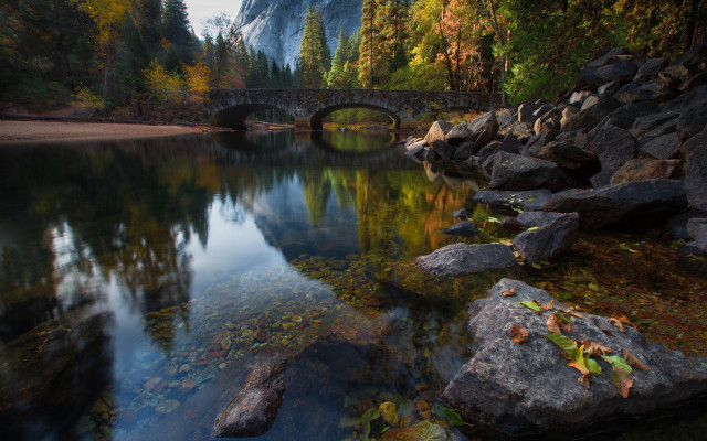 Bridge river trees rocks matte free wallpaper for desktop - medium preview image