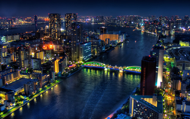 Tokyo night bridge river cityscape free wallpaper for desktop - medium preview image