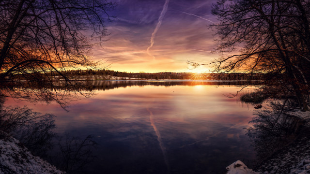 Lake sunset trees clouds mountain free wallpaper for desktop - medium preview image