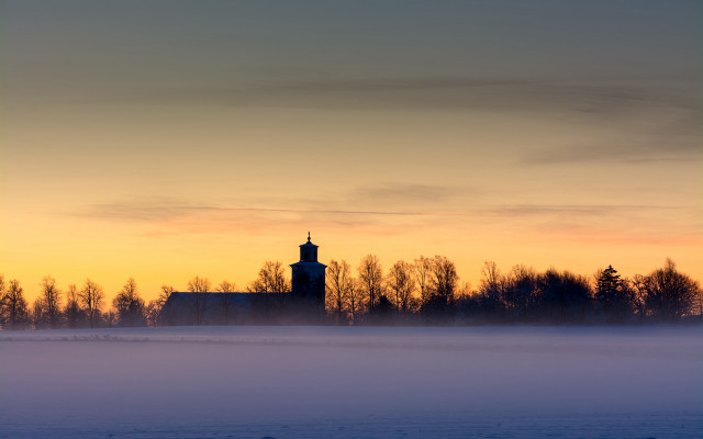 Church foggy field sunset trees free wallpaper for desktop - medium preview image