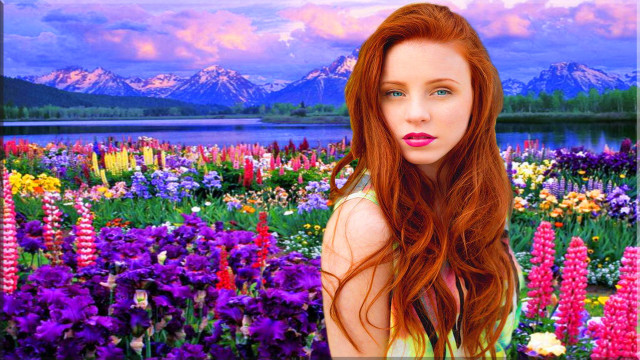 Woman red hair flower field #2 free wallpaper for desktop - medium preview image