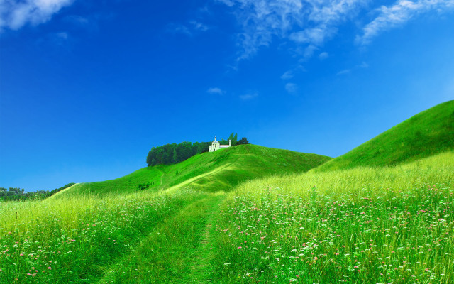 Grassy hill house blue sky free wallpaper for desktop - medium preview image