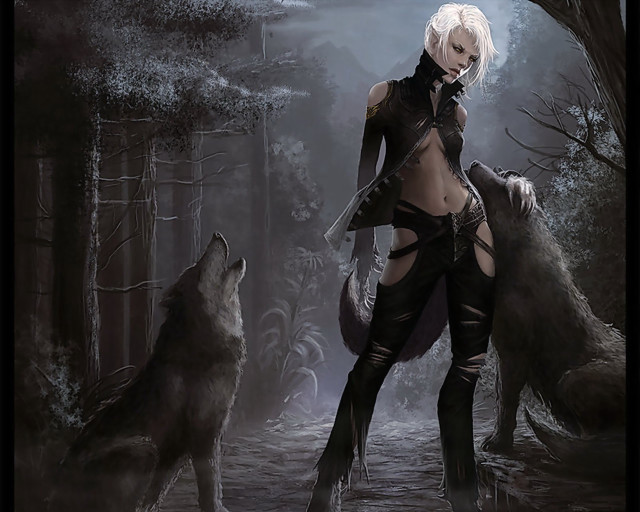 Woman black outfit wolves forest free wallpaper for desktop - medium preview image
