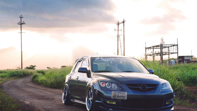 Car field powerlines sunset clouds free wallpaper for desktop - medium preview image