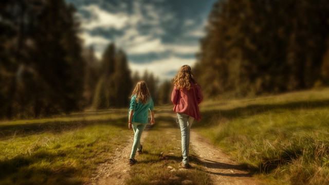 Two girls woods dirt road free wallpaper for desktop - medium preview image