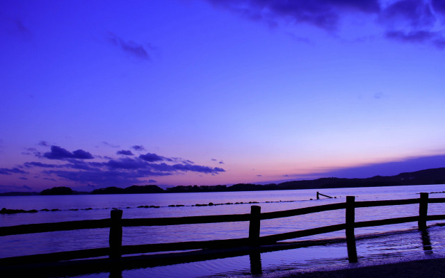 Wooden fence water sunset purple free wallpaper for desktop - medium preview image