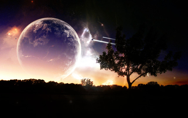 Night sky moon planet city free wallpaper for desktop - medium preview image