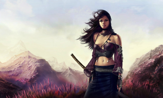 Woman sword field grass mountains free wallpaper for desktop - medium preview image