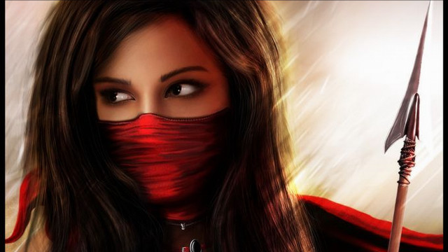 Woman red scarf sword hoodie free wallpaper for desktop - medium preview image
