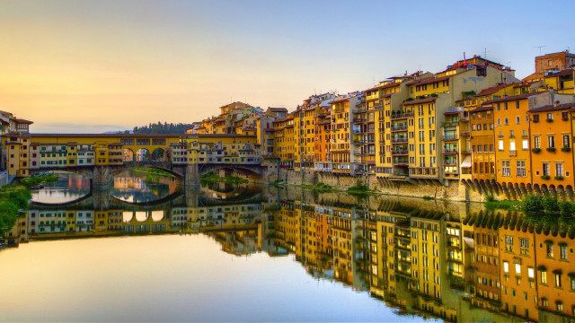 River bridge buildings sunset reflection free wallpaper for desktop - medium preview image