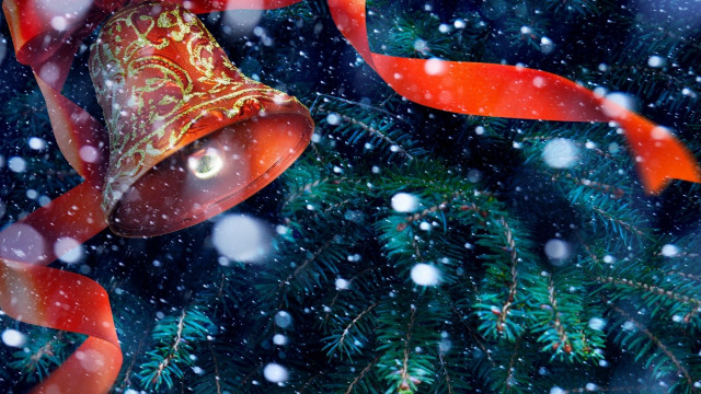 Christmas bell red ribbon snow free wallpaper for desktop - medium preview image