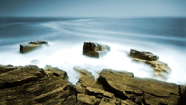 Rocky shore waves island mountains free wallpaper for desktop - medium preview image