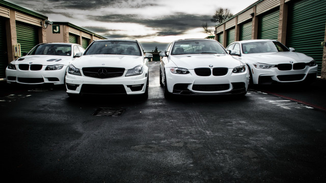 Three white cars parking lot free wallpaper for desktop - medium preview image