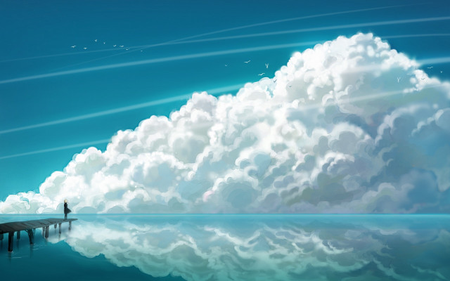 Pier cloudy sky bird ocean free wallpaper for desktop - medium preview image