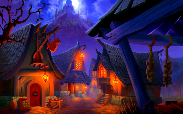 Village night castle fullmoon fantasy free wallpaper for desktop - medium preview image