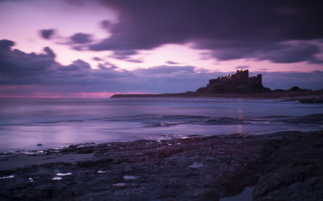 Castle rocky shore purple sky free wallpaper for desktop - medium preview image