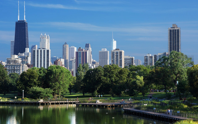 City skyline lake park architecture free wallpaper for desktop - medium preview image