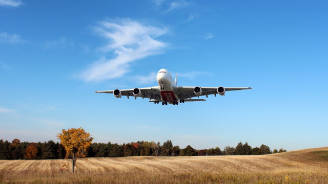Jetliner blue sky field trees free wallpaper for desktop - medium preview image