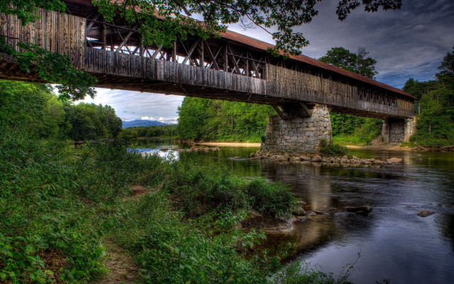 Bridge train river forest mountain free wallpaper for desktop - medium preview image