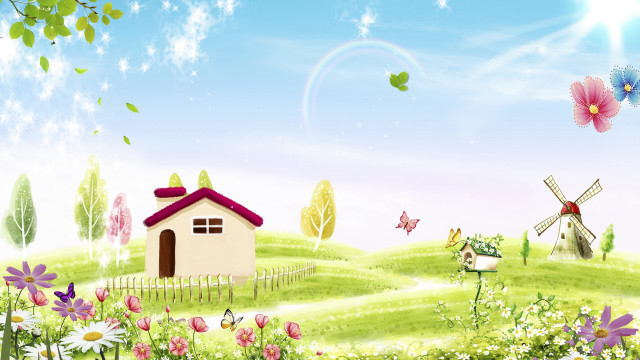 House field flowers butterflies windmill free wallpaper for desktop - medium preview image