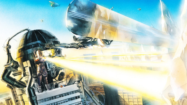 Cityscape robot man light beam free wallpaper for desktop - medium preview image