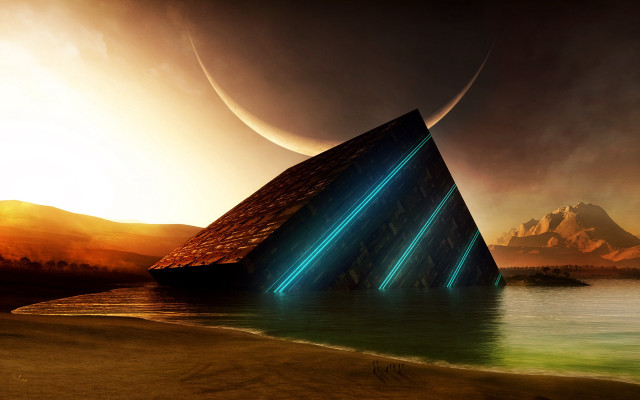 Futuristic beach mountain moon fantasy free wallpaper for desktop - medium preview image