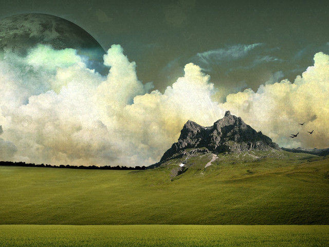 Mountain range green field bird free wallpaper for desktop - medium preview image