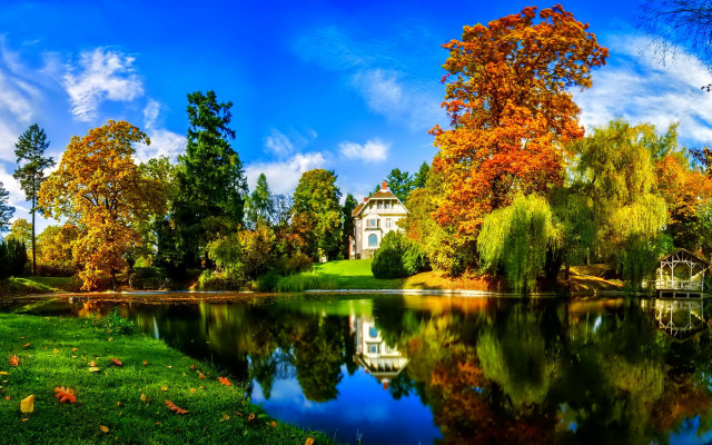 Lake trees house clouds autumn free wallpaper for desktop - medium preview image